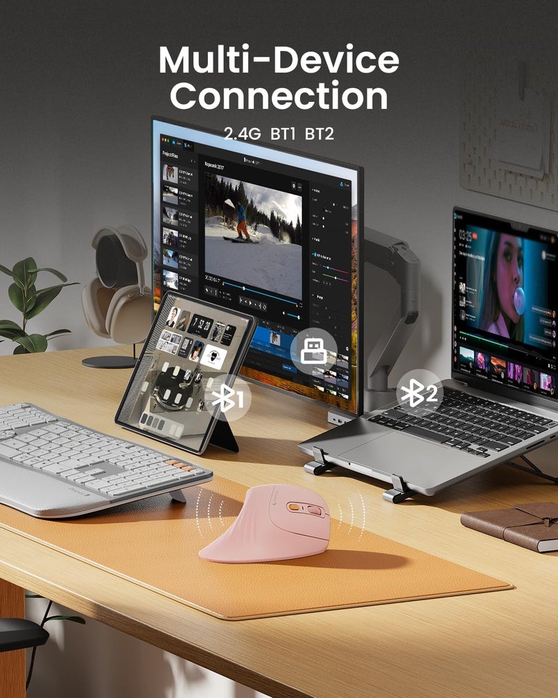 ProtoArc فأرة عمودية مريحة، EM11 NL فأرة لاسلكية قابلة لإعادة الشحن بلوتوث، فأرة مريحة مع 3 أجهزة متعددة للكمبيوتر/المحمول/اللابتوب، 2.4GHz فأرة بصرية لنظام ويندوز، ماك أو إس، وردي - Image 2